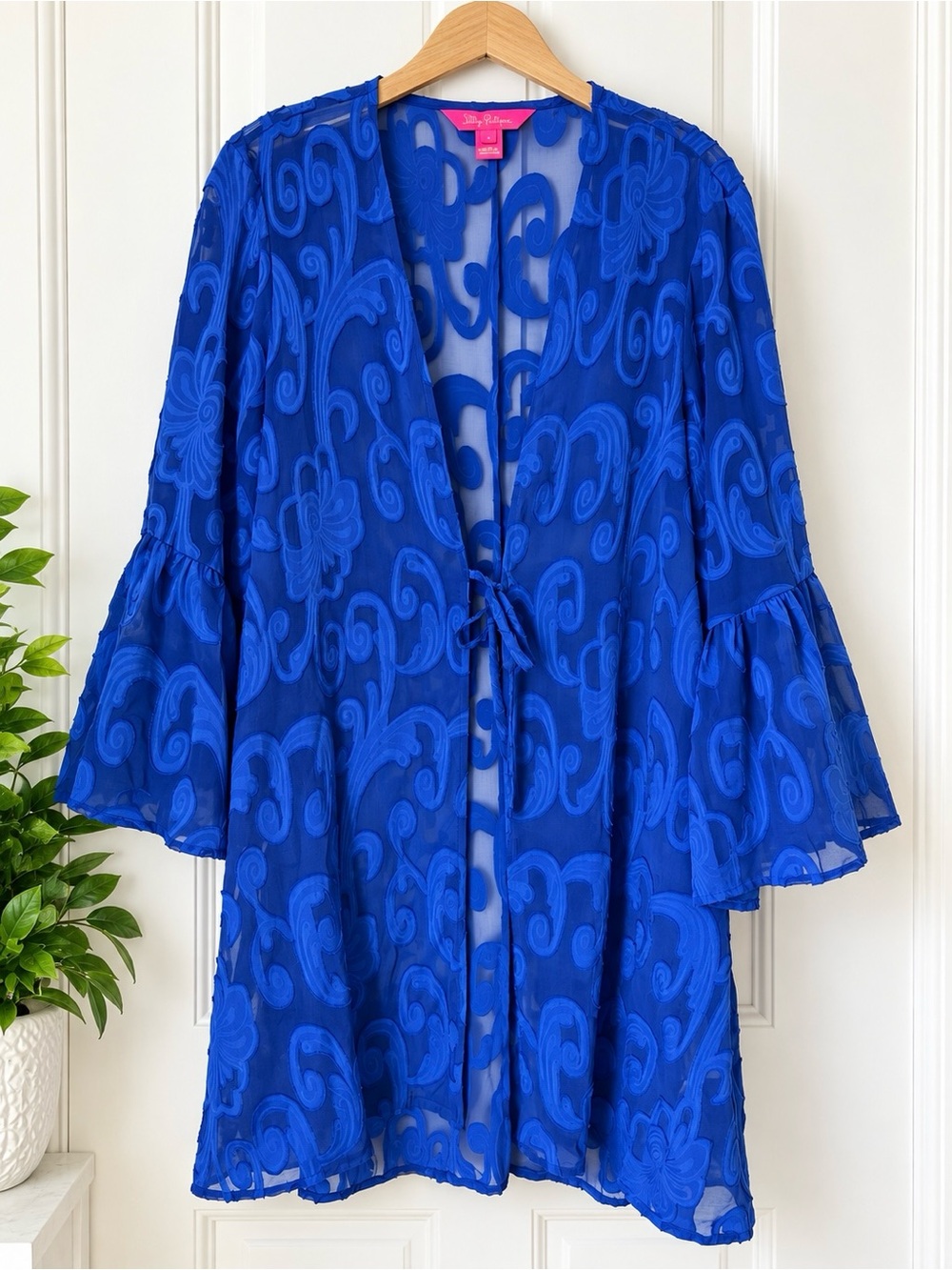 Lilly Pulitzer Blue Sheer Swim Cover Up Paisley Floral Bell Sleeve Tie Front M
